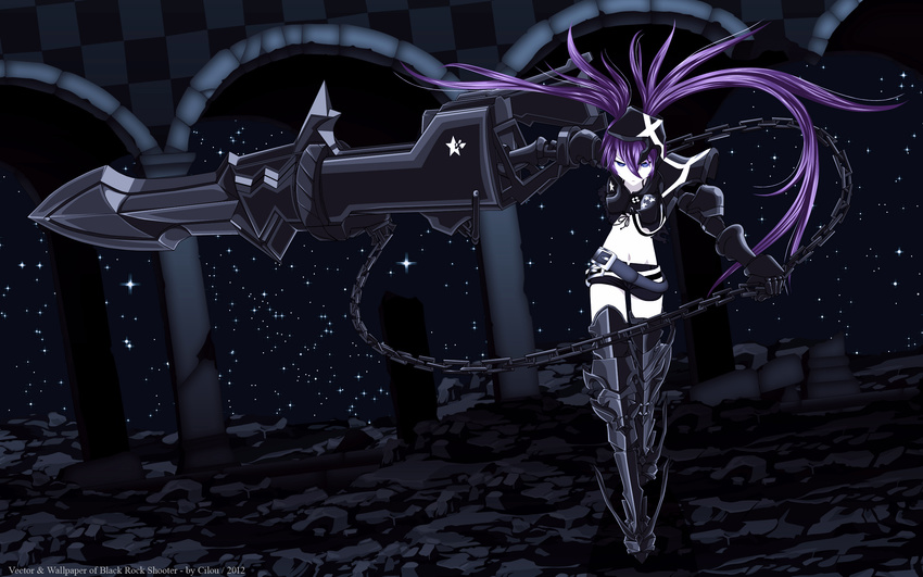 black_hair black_rock_shooter blue_eyes chain insane_black_rock_shooter stars weapon