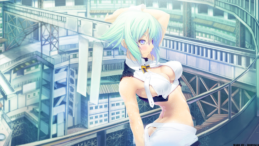 aqua_eyes aqua_hair aquarion_evol ass breasts building cleavage nilitsu short_hair sousei_no_aquarion watermark zessica_wong