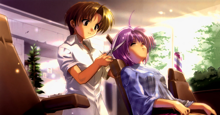 asaba_naoyuki brown_eyes brown_hair iriya_kana iriya_no_sora_ufo_no_natsu jpeg_artifacts komatsu_eiji photoshop purple_hair