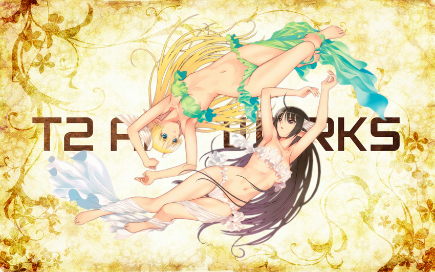 barefoot black_eyes black_hair blonde_hair blue_eyes clalaclan_philias long_hair navel pointed_ears shining_wind taka_tony xecty_ein