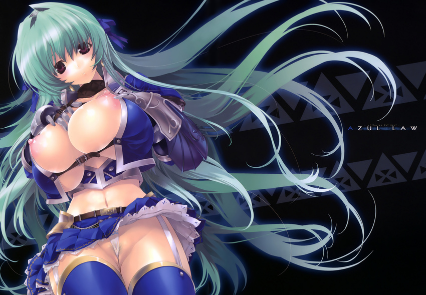 armor asuru breasts garter_belt gloves green_hair long_hair miwa_yoshikazu monster_hunter nipples panties pubic_hair skirt stockings underwear upskirt