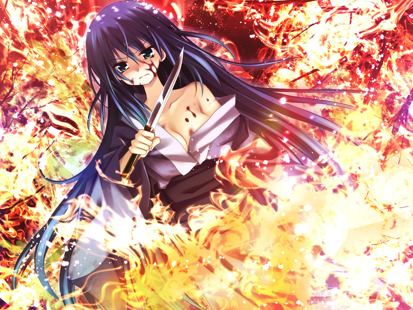 amafuki_setsuka blood blue_hair breasts cleavage fire game_cg green_eyes hanafubuki japanese_clothes knife