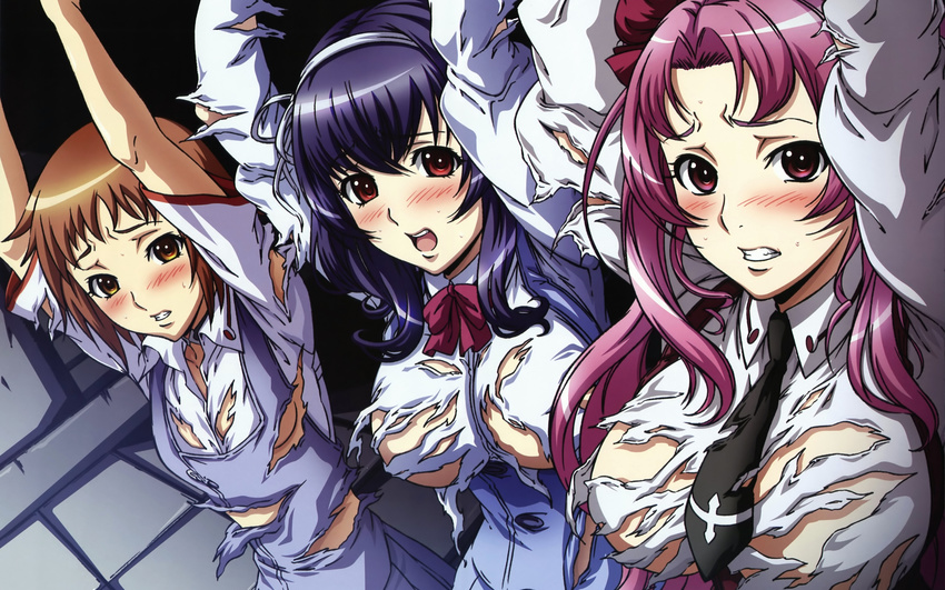 blush bow brown_eyes brown_hair katsuragi_hana pink_hair purple_hair seikon_no_qwaser tie torn_clothes tsujidou_miyuri yamanobe_tomo