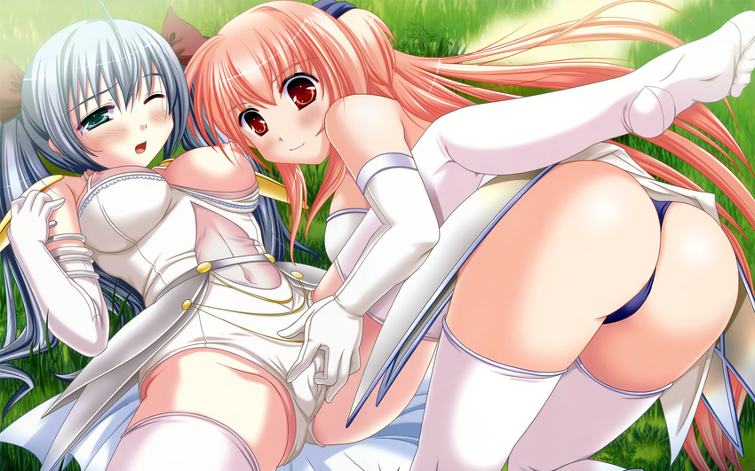 2girls ass ayaha blue_hair blush breasts delta! elbow_gloves fingering gloves grass green_eyes nipples no_bra nonoka orange_eyes panties pink_hair sapporo_momoko see_through thighhighs twintails underwear yuri