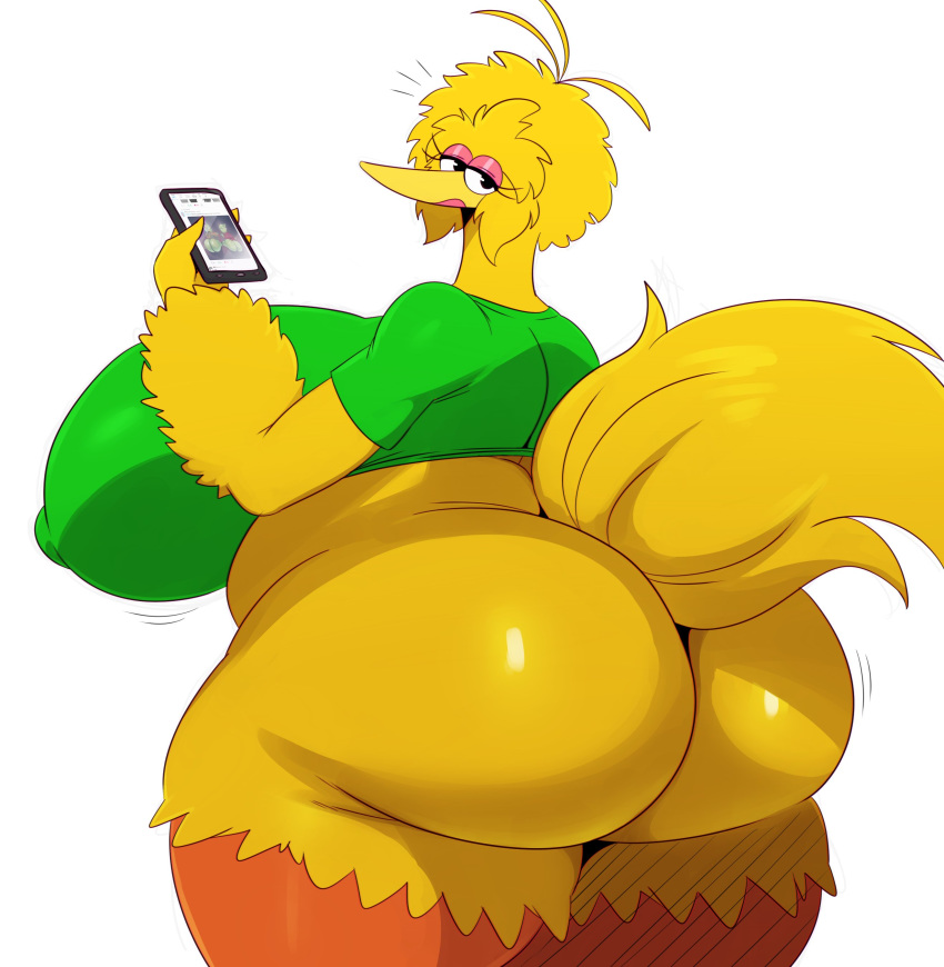 2018 anthro avian belly big_belly big_bird big_breasts big_butt big_thighs bird black_eyes bottomless breasts butt cellphone clothed clothing digital_media_(artwork) eyelashes feathers female hi_res huge_breasts huge_butt huge_hips looking_at_viewer looking_back motion_lines nipple_bulge overweight overweight_female phone rear_view sesame_street simple_background solo sssonic2 thick_thighs twitter voluptuous white_background wide_hips yellow_feathers