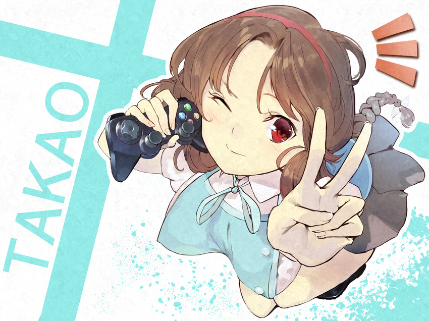 braids brown_hair d-fragments goiro_(doukutsuwa) red_eyes takao_buchou wink