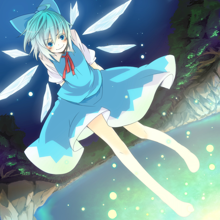 &gt;:) arms_behind_back bad_id bad_pixiv_id barefoot blue_eyes blue_hair bow cirno colored_eyelashes dutch_angle eyelashes fireflies hair_bow highres ko-&gt;u lake light smile solo touhou v-shaped_eyebrows wings