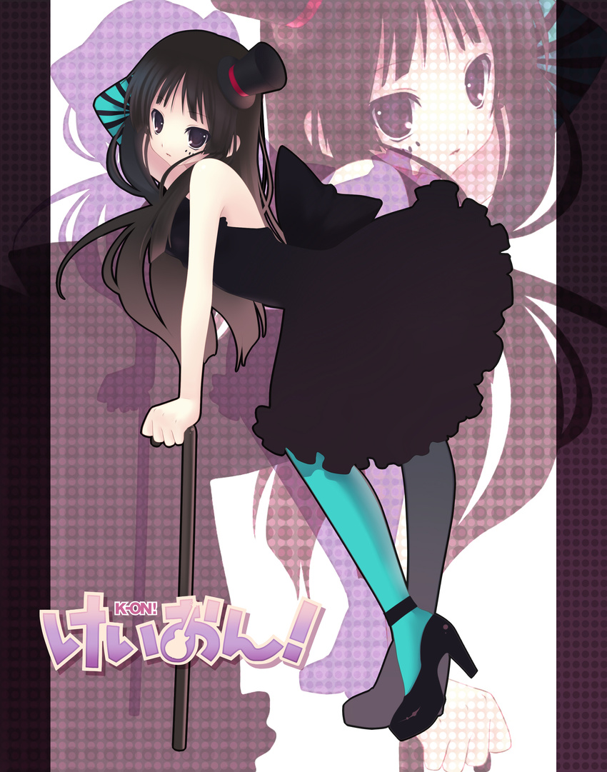 absurdres akiyama_mio aqua_legwear bare_shoulders black_dress black_hair blue_eyes cane don't_say_"lazy" dress gloves hands hat high_heels highres k-on! long_hair mini_hat mini_top_hat nana_mikoto pantyhose shoes single_glove solo striped striped_gloves top_hat zoom_layer