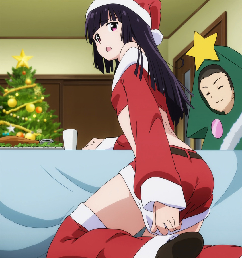 1girl ass christmas_tree highres kanzaki_mitsuki long_hair purple_eyes purple_hair saikin_imouto_no_yousuga_chotto_okashiindaga santa_costume screencap torii_shoutarou