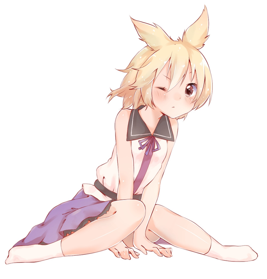 bad_id bad_pixiv_id blonde_hair blush brown_eyes one_eye_closed pointy_hair rima_(rimarip) sitting sleeveless solo thighs touhou toyosatomimi_no_miko wariza