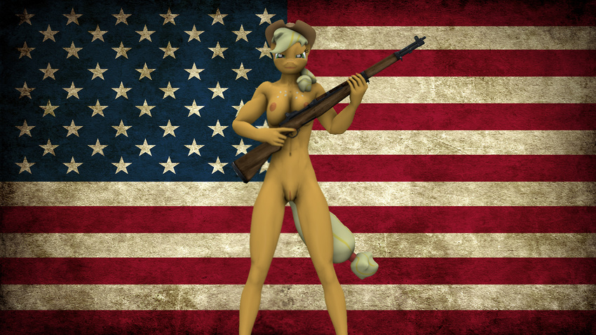 3d 4th_of_july anthro applejack_(mlp) areola big_breasts breasts cowboy_hat equine erect_nipples female friendship_is_magic gun hat horse mammal my_little_pony navel nipples pony pussy ranged_weapon rifle solo swedishsnus weapon