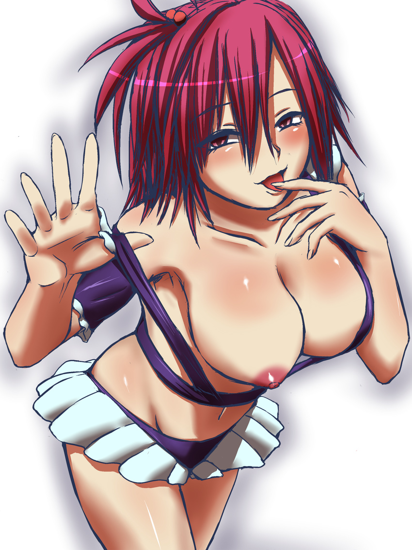 alternate_costume blush breast_slip breasts crop_top groin hair_bobbles hair_ornament highres hoozuki-san_chi_no_aneki hoozuki_haru large_breasts maid microskirt midriff navel nipples one_breast_out one_side_up red_eyes red_hair short_hair skirt solo strap_slip teasing uichi-chi