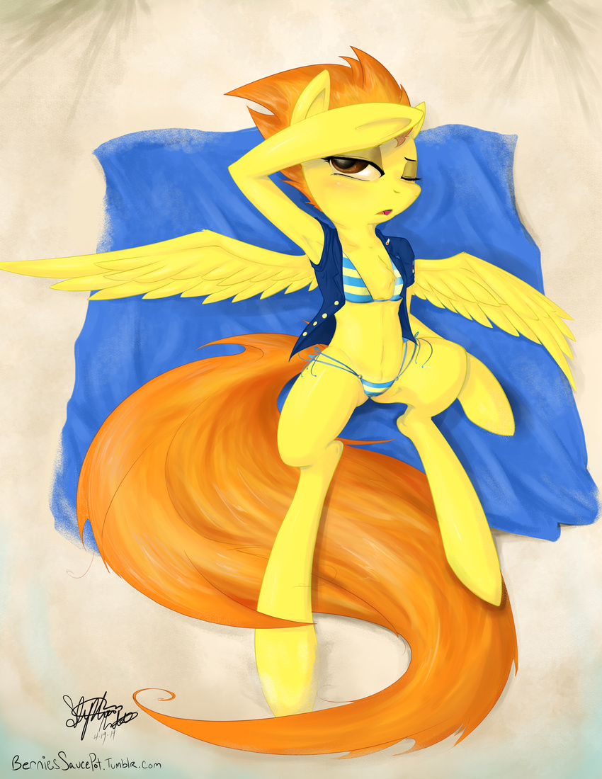 absurd_res anthro anthrofied berndem-bones bikini blush equine female flat_chested friendship_is_magic fur hair hi_res lying mammal my_little_pony on_back one_eye_closed orange_hair pegasus signature solo spitfire_(mlp) swimsuit two_tone_hair wings wonderbolts_(mlp) yellow_fur