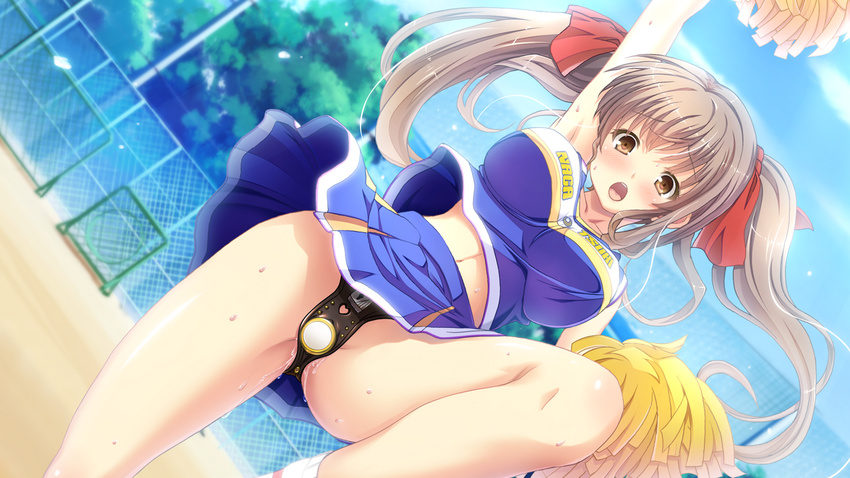 blush breasts brown_eyes brown_hair chastity_belt cheerleader game_cg kouguchi_moto large_breasts long_hair open_mouth otome_switch pom_poms pussy_juice sakuragi_fumika solo twintails vibrator