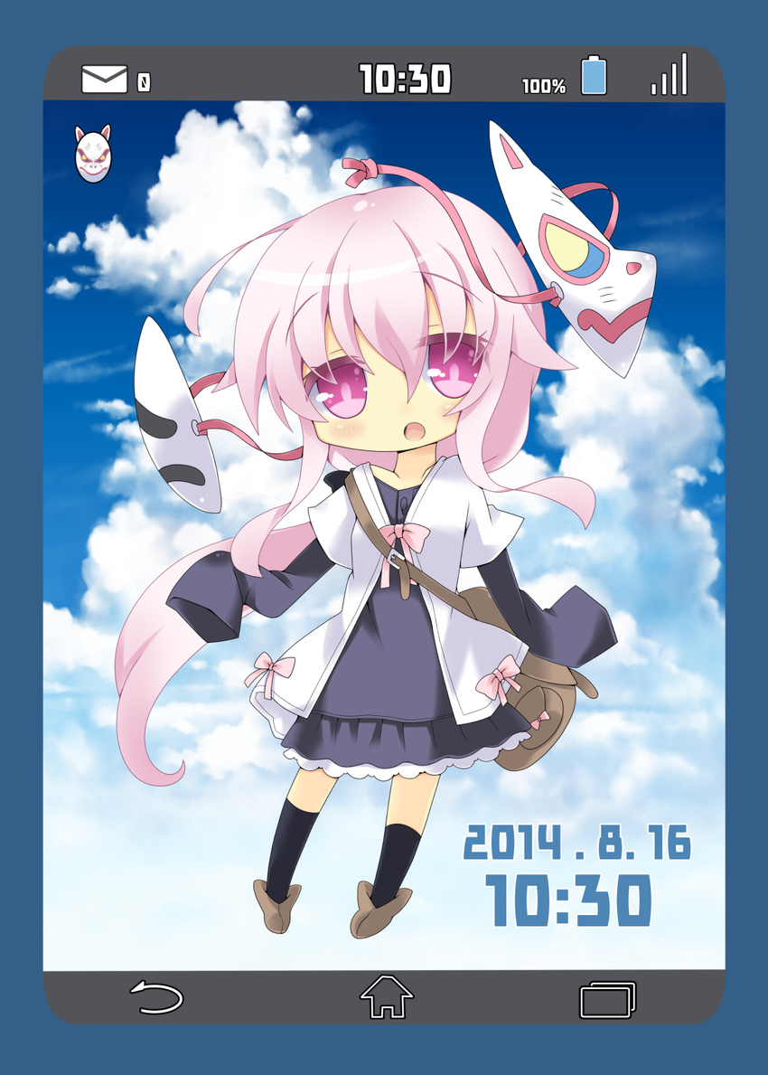 alternate_costume bag battery blue_border blush border chibi envelope hata_no_kokoro highres long_hair mask milkpanda open_mouth phone_screen pink_hair ponytail purple_eyes ribbon touhou