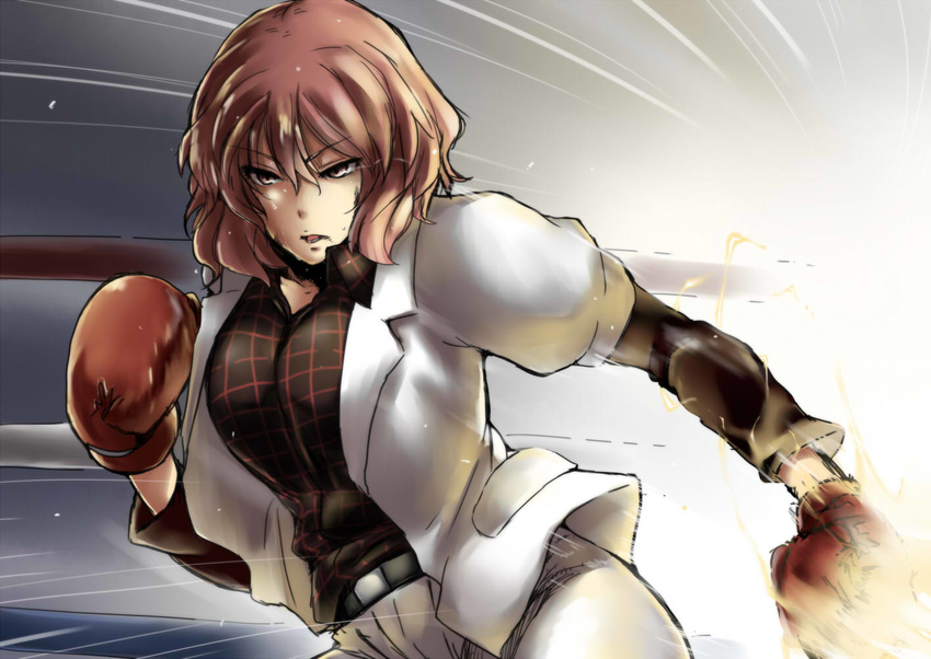 action belt blur boxing_gloves boxing_ring breasts checkered checkered_shirt determined electricity hips horikawa_raiko jacket large_breasts lightning long_sleeves open_mouth raised_fist red_eyes red_hair shirt short_hair short_over_long_sleeves short_sleeves skirt solo sweat tobisawa touhou