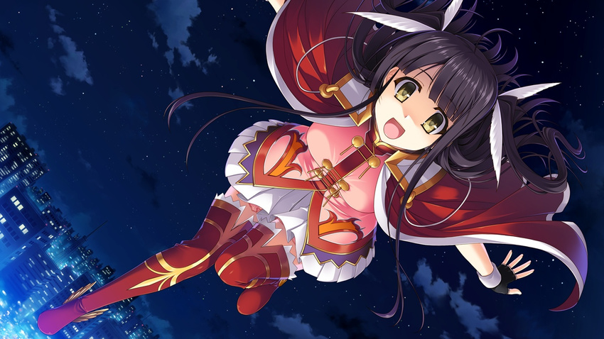 1girl black_hair boots breasts building cape city cloud clouds fingerless_gloves flying game_cg gloves happy highres large_breasts legs long_hair looking_at_viewer night open_mouth out_vegetables sasaki_tamaru sky smile solo star stars thigh_boots thighhighs thighs yellow_eyes