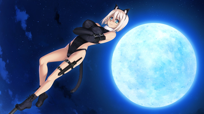 1girl animal_ears bare_shoulders blonde_hair blue_eyes boots breasts cat_ears cloud clouds crossed_arms feet game_cg highres knife large_breasts legs leotard looking_at_viewer moon night out_vegetables sasaki_tamaru short_hair sky smile solo standing star stars tail thighs