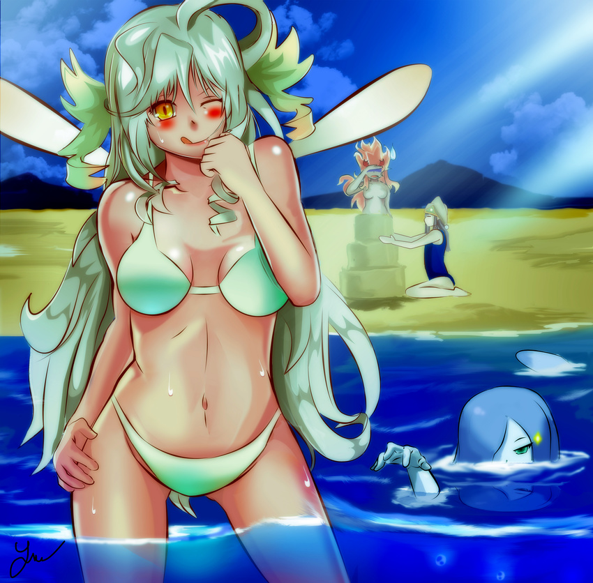 absurdres ahoge alternate_form aqua_eyes artist_name bangs beach bikini blue_hair blush breasts brown_hair cleavage closed_eyes cloud day drill_hair facepalm gnome_(mon-musu_quest!) green_hair groin hair_over_one_eye hand_on_own_thigh hat highres jamjamstyle lips long_hair medium_breasts mon-musu_quest! mountain multiple_girls navel no_mouth no_nipples nude one-piece_swimsuit one_eye_closed one_eye_covered orange_hair outdoors outline parted_bangs partially_submerged reflection salamander_(mon-musu_quest!) sand_castle sand_sculpture shadow shiny shiny_skin sidelocks sky sparkle sunlight sweatdrop swimsuit sylph_(mon-musu_quest!) tail tongue tongue_out undine_(mon-musu_quest!) yellow_eyes