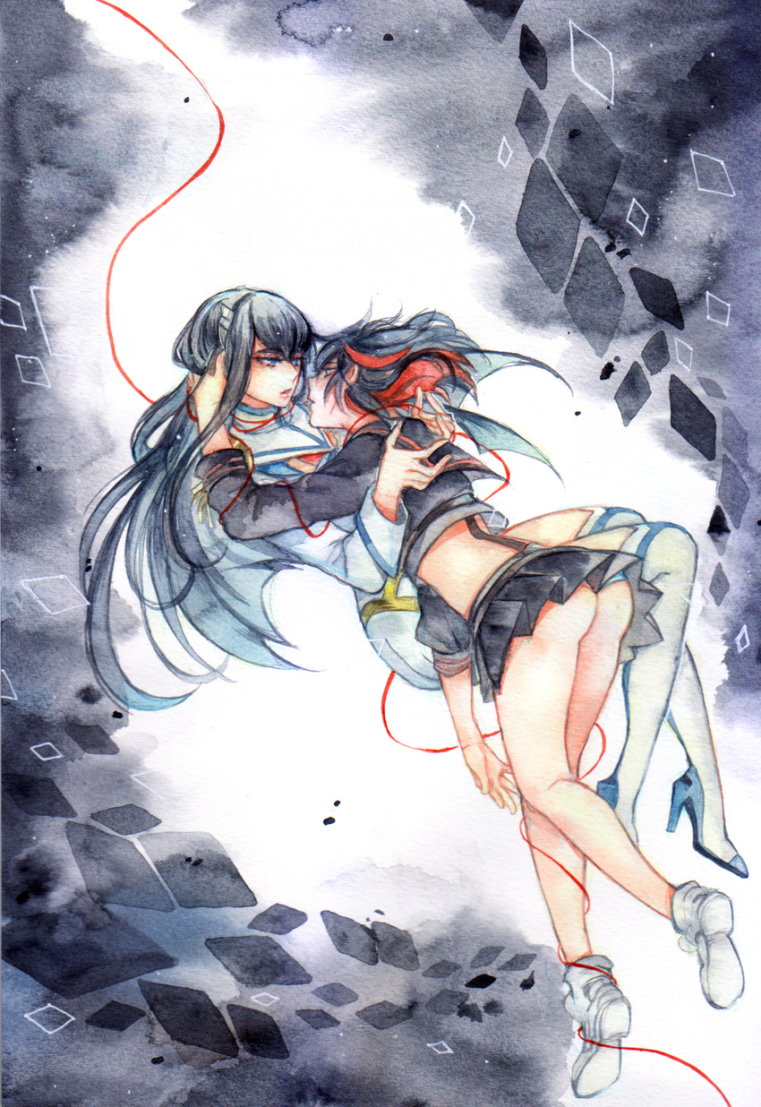 allenkung1 ass black_hair boots crop_top crop_top_overhang eye_contact face-to-face hand_in_another's_hair highres junketsu kill_la_kill kiryuuin_satsuki life_fiber long_hair looking_at_another matoi_ryuuko midriff multicolored_hair multiple_girls panties pantyshot red_hair red_string senketsu shoes short_hair skirt sneakers string striped striped_panties suspenders thigh_boots thighhighs traditional_media two-tone_hair underwear upskirt watercolor_(medium) yuri