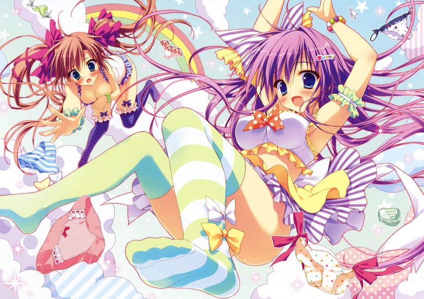 :d absurdres blue_eyes blue_panties blush breasts brown_hair cleavage cloud d: falling feet green_eyes green_panties hair_ornament hairclip highres multiple_girls multiple_panties no_shoes open_mouth panties pink_panties polka_dot polka_dot_panties purple_hair rainbow ryouka_(suzuya) side-tie_panties smile striped striped_legwear striped_panties thighhighs twintails underwear