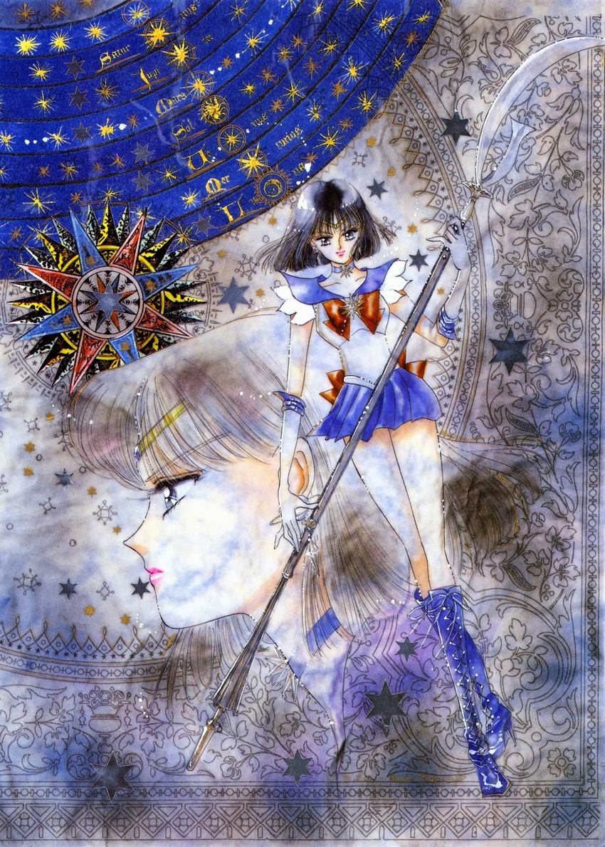 90s back_bow bishoujo_senshi_sailor_moon black_hair bob_cut boots bow brown_bow choker crossed_legs elbow_gloves gloves highres holding holding_spear holding_weapon knee_boots magical_girl official_art polearm purple_footwear purple_sailor_collar purple_skirt sailor_collar sailor_saturn sailor_senshi_uniform silence_glaive skirt solo spear staff standing star star_choker takeuchi_naoko tiara tomoe_hotaru watson_cross weapon white_gloves