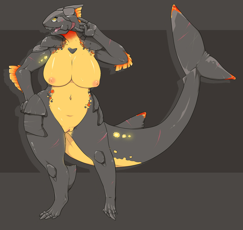 anthro aquatic armor barefoot big_breasts bone breasts chubby claws dunkleosteus female fin fish front gills glowing gob grey_skin happy hybrid inverted_nipples koi looking_at_viewer marine megalodon navel nipples nude open_mouth placoderm plates plump_labia pose puffy_nipples pussy scar shark simple_background smile solo standing teeth toe_claws tongue tyramish wide_hips yellow_eyes