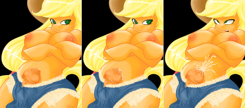 alpha_channel anthro anthrofied applejack_(mlp) black_background blonde_hair breasts clothing crystalshards cum dickgirl earth_pony equine friendship_is_magic fur green_eyes hair horse intersex long_hair mammal my_little_pony nipples orange_fur penis plain_background pony precum smile solo topless transparent_background uncut