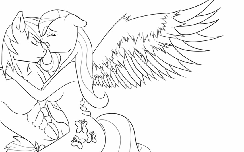 anthro anthrofied ark back big_macintosh_(mlp) black_and_white breasts closed cutie cutie_mark duo equine eyelashes eyes_closed female fluttershy_(mlp) friendship_is_magic hand hand_on_back horse invalid_tag line_art lovingwolf mac male mammal mastery_position monochrome my_little_pony nude on open_mouth pegasus plain_background pony wings