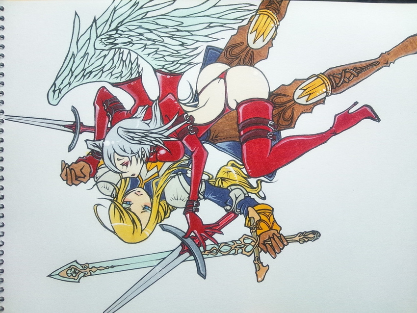 2girls agrias_oaks armor ass belt belts blonde_hair breasts final_fantasy final_fantasy_tactics gocchan_(big-up9898) high_heels long_boots long_gloves multiple_girls source_request sword thong traditional_art ultima_(fft) weapon white_hair wings wings_on_head