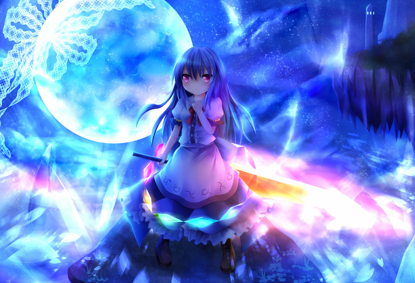 blue_hair clenched_hand full_moon furomaaju_(fromage) hinanawi_tenshi holding long_hair moon no_hat no_headwear red_eyes solo standing sword sword_of_hisou touhou weapon