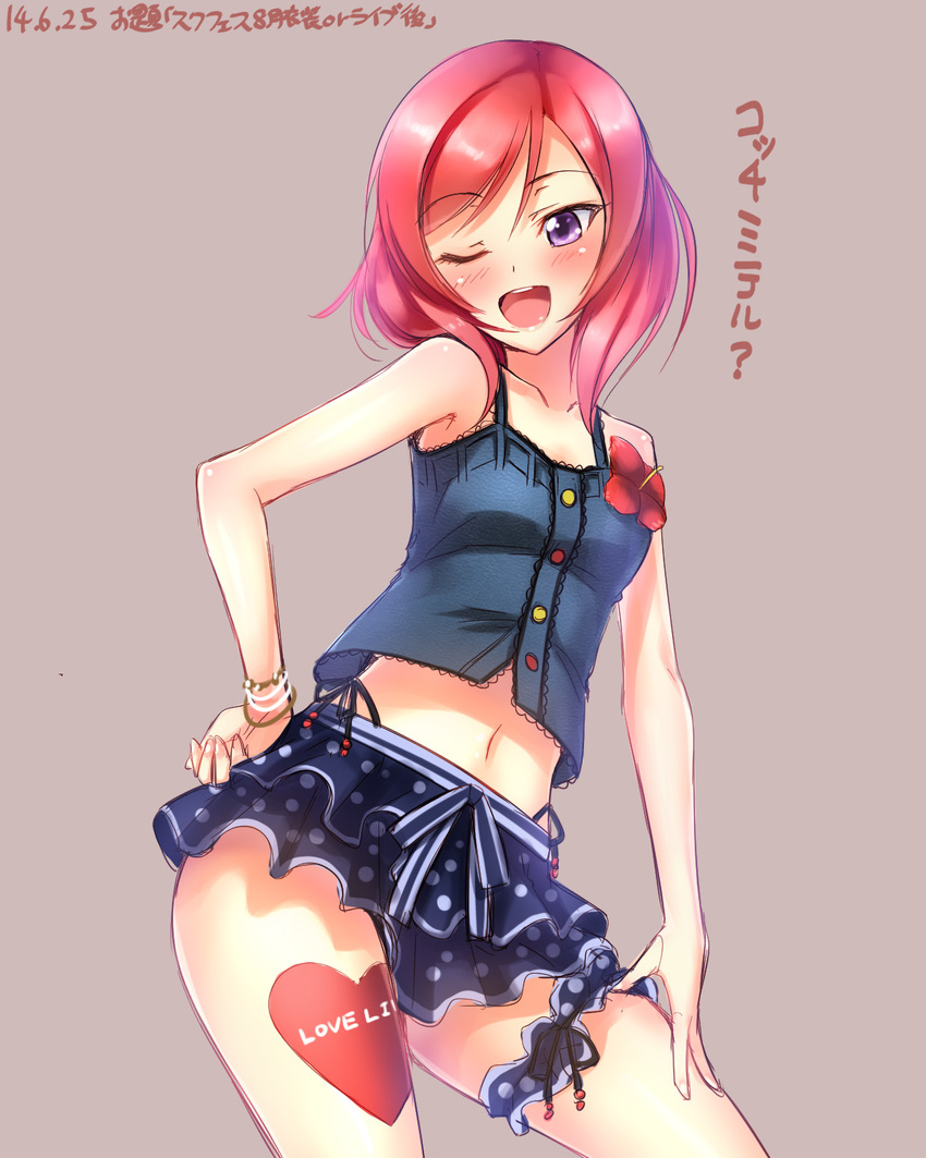 ;d blush camisole dated flower hand_on_hip heart_tattoo highres leg_garter love_live! love_live!_school_idol_festival love_live!_school_idol_project midriff navel nishikino_maki one_eye_closed open_mouth polka_dot polka_dot_skirt purple_eyes red_hair short_hair simple_background skirt smile solo tattoo translated yu-ta