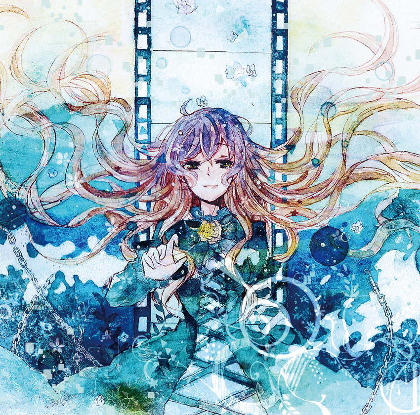 brown_hair chain dress film_strip flower gradient_hair highres hijiri_byakuren long_hair multicolored_hair purple_hair shiratsuyu solo touhou underwater water yellow_eyes