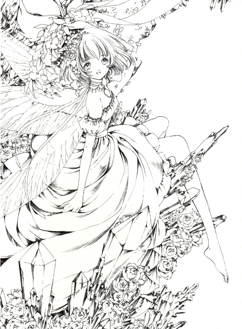 absurdres breasts cleavage crystal dress feet highres monochrome puffy_sleeves shiitake_(gensoudou) small_breasts solo wings