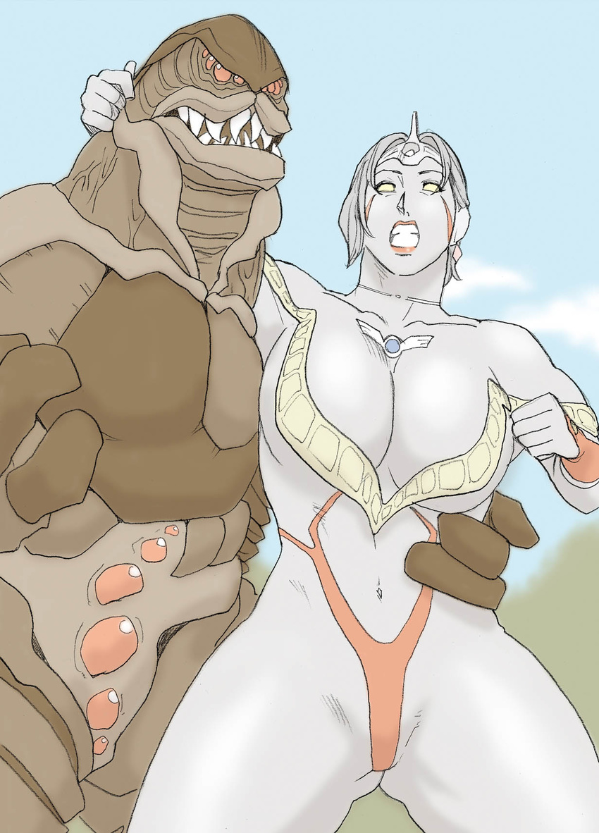 armor bikini_armor blue_sky breasts choker clenched_teeth curvy dark_skin earrings extra_eyes facial_mark fangs fighting functionally_nude giantess grab grabbing grey_skin headpiece hips jewelry large_breasts milf monster mousou_tokusatsu_series_ultramadame multiple_eyes muscle nappy_happy navel parody red_eyes revealing_clothes short_hair silver_hair simple_background sky teeth thick_thighs thighs ultra_madame ultra_series ultramadame wide_hips yellow_eyes