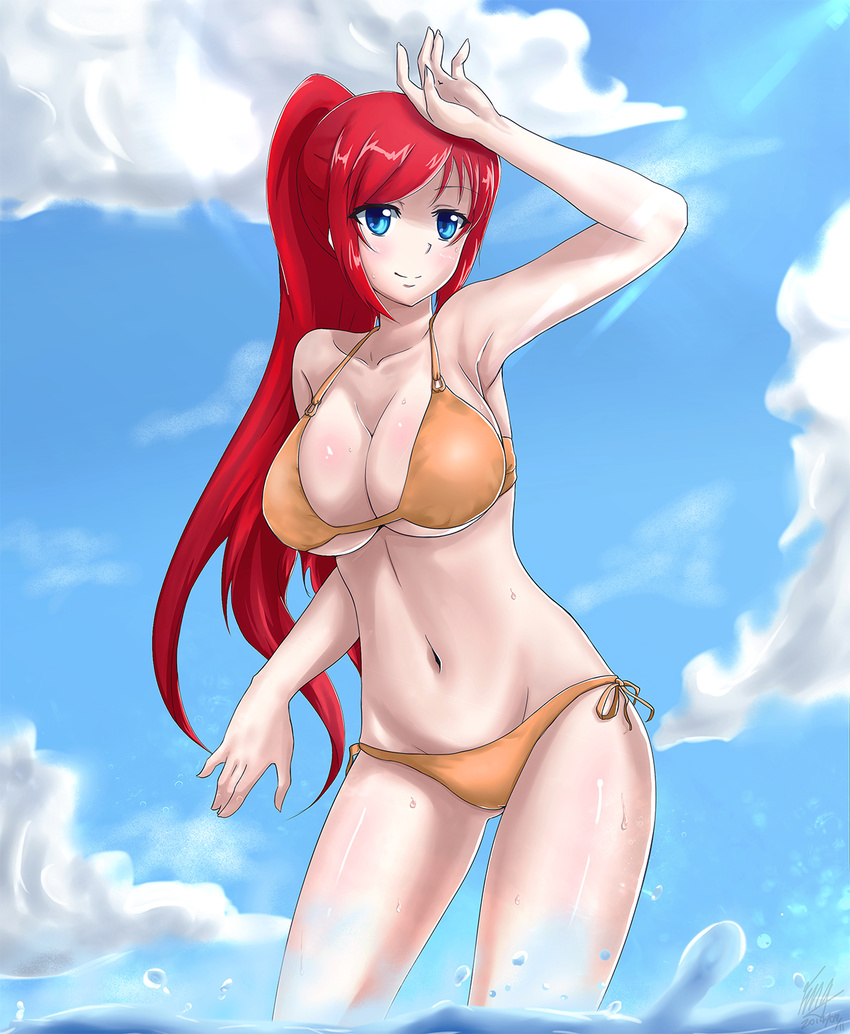 armpits bikini blue_eyes breasts cleavage fmg highres large_breasts long_hair navel original ponytail red_hair shiny shiny_skin side-tie_bikini smile solo swimsuit very_long_hair wading