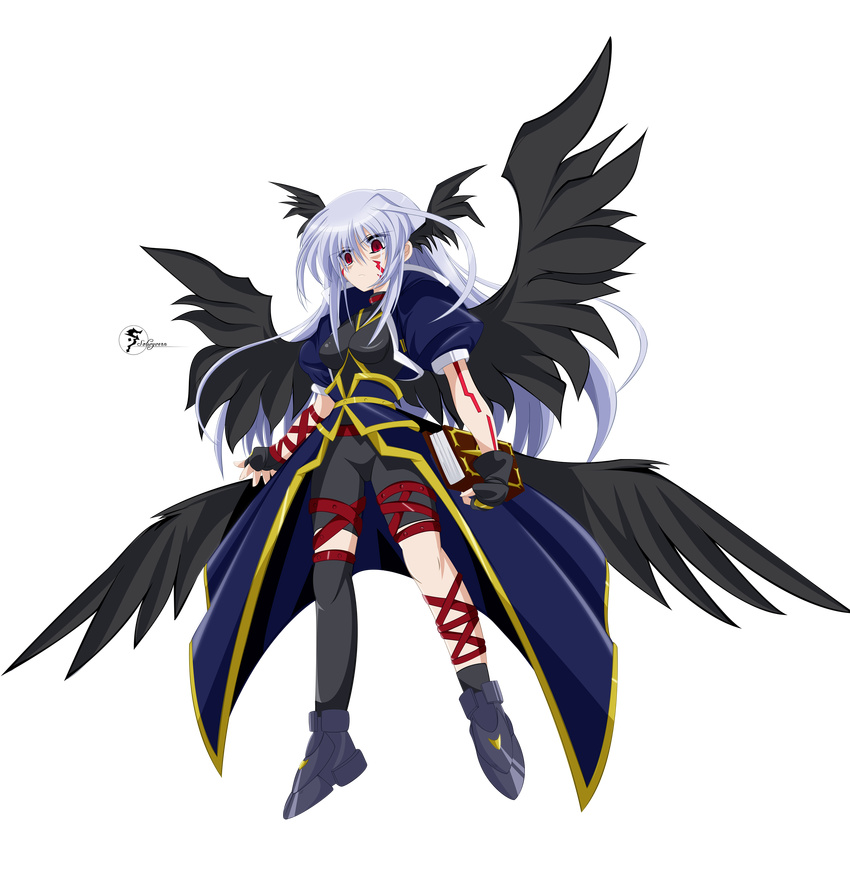 absurdres arm_belt asymmetrical_legwear book facial_mark fingerless_gloves full_body gloves head_wings highres jacket leg_belt long_hair lyrical_nanoha magical_girl mahou_shoujo_lyrical_nanoha mahou_shoujo_lyrical_nanoha_a's multiple_wings non-web_source open_clothes open_jacket red_eyes reinforce silver_hair single_thighhigh solo thighhighs tome_of_the_night_sky transparent_background vector_trace waist_cape winged_hair_ornament wings