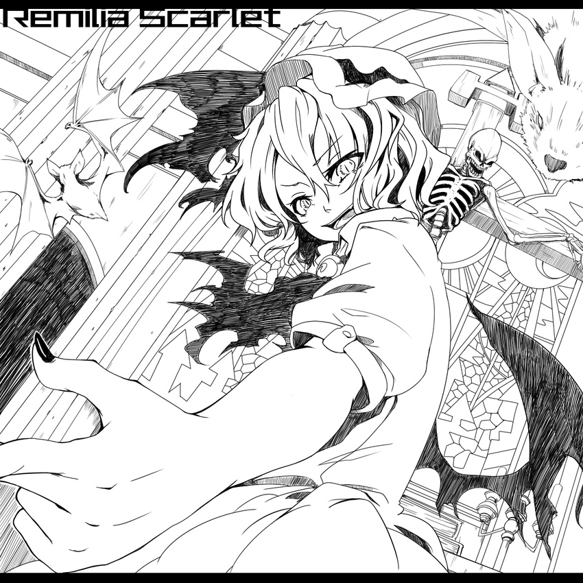 bad_id bad_pixiv_id bat cross crucifixion foreshortening greyscale hands hat highres ko-&gt;u letterboxed monochrome remilia_scarlet short_hair skeleton solo touhou