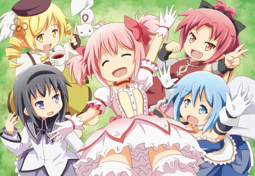 :d ^_^ akemi_homura aqua_eyes aqua_hair beret black_hair black_tea blonde_hair bow brown_eyes brown_gloves choker closed_eyes cup drill_hair fang fingerless_gloves gloves hair_bow hair_ornament hairband hat holding kaname_madoka kyubey long_hair magical_girl mahou_shoujo_madoka_magica miki_sayaka multiple_girls open_mouth outstretched_arms pink_hair ponytail purple_eyes red_eyes riai_(onsen) sakura_kyouko short_hair smile spread_arms tea teacup tomoe_mami twin_drills twintails v white_gloves yellow_eyes