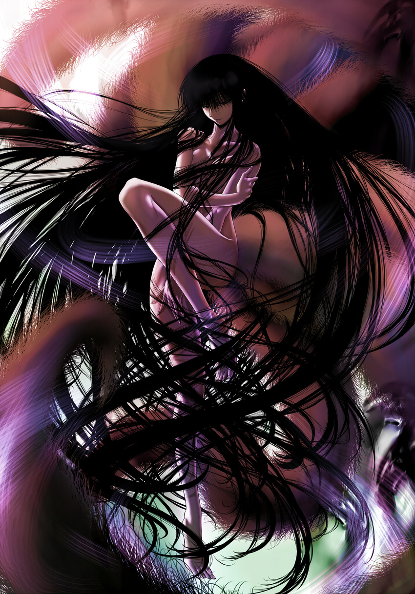absurdly_long_hair absurdres auge_(akd) barefoot black_eyes black_hair breast_hold breasts hagoromo_gitsune highres long_hair nude nurarihyon_no_mago small_breasts smile solo very_long_hair