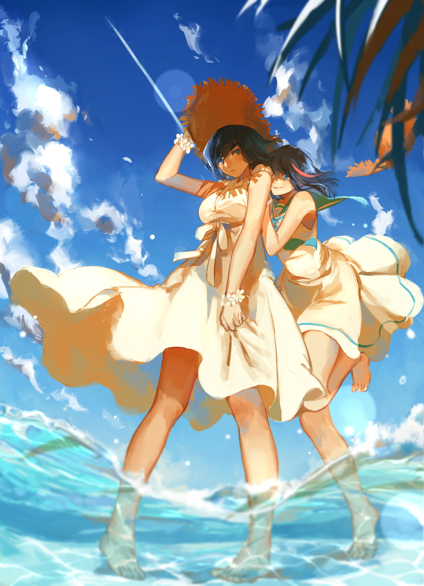 absurdres allenkung1 barefoot black_hair cloud condensation_trail day dress flower_bracelet hand_on_shoulder hat highres kill_la_kill kiryuuin_satsuki matoi_ryuuko multiple_girls outdoors short_hair sky standing standing_on_one_leg straw_hat wading water