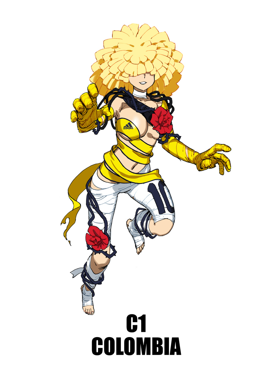 2014_fifa_world_cup absurdres adidas ankle_wrap bandages barefoot big_hair blonde_hair breasts cleavage colombia covered_eyes daibajoujisan flower full_body hair_over_eyes highres large_breasts navel original rose simple_background solo white_background world_cup