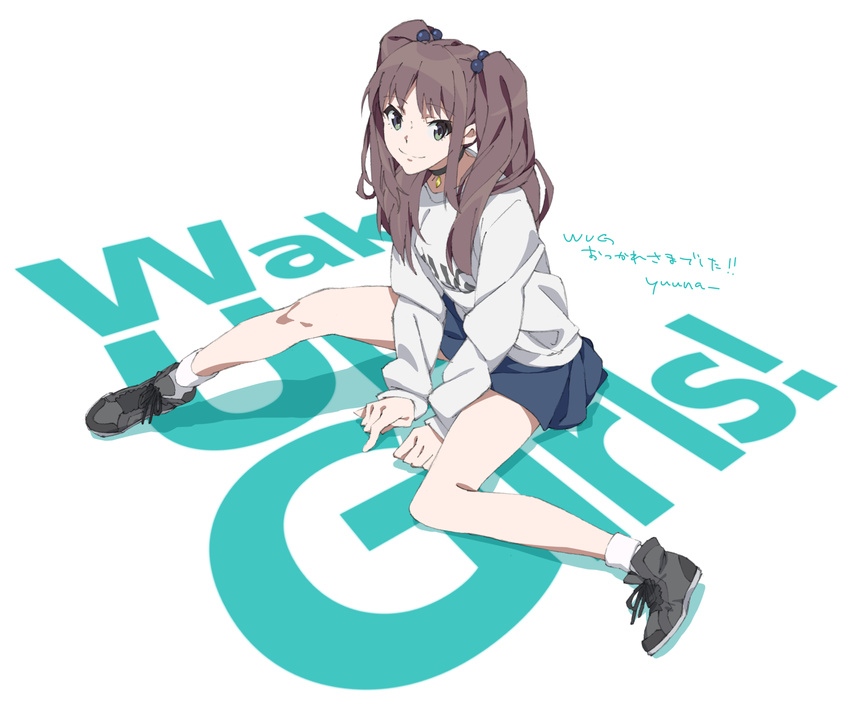 brown_hair choker full_body green_eyes hair_ornament highres long_hair looking_at_viewer okamoto_miyu shoes simple_background sitting skirt smile sneakers socks solo sweater twintails wake_up_girls! yuuna_(upper-soul)