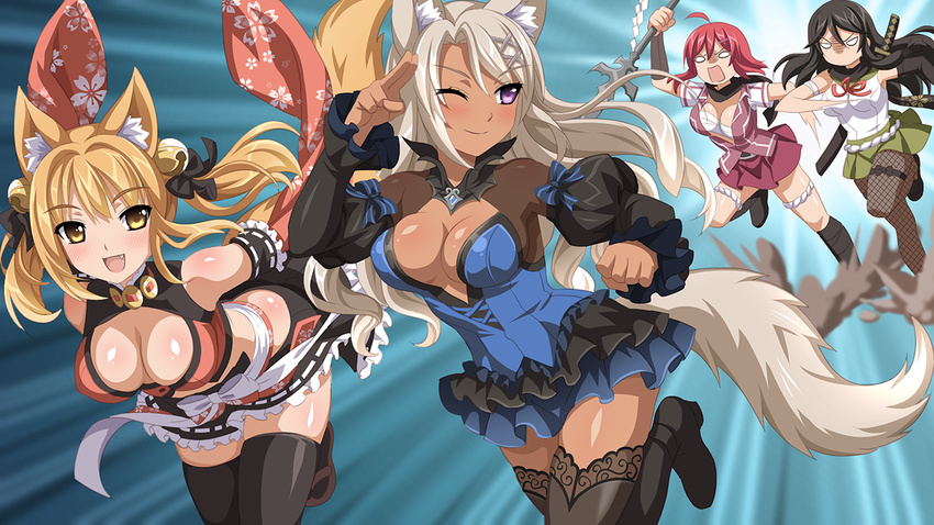 :d ;) ahoge angry animal_ears arm_garter arm_up armband bangs bare_shoulders bell bent_over black_hair black_legwear blush boots bow breasts brooch center_opening chasing cherry_blossoms cleavage clenched_hand closed_mouth crop_top cross-laced_clothes dark_skin detached_sleeves dress dust eyebrows_visible_through_hair fang fishnet_legwear fishnets floral_print fox_ears fox_tail frills game_cg gem hair_bell hair_intakes hair_ornament hair_ribbon halterneck hand_up high_heels hikage_narumi holding holding_weapon japanese_clothes jewelry jingle_bell katana knee_boots lace lace-trimmed_thighhighs large_breasts layered_dress leg_lift light_brown_hair long_hair looking_at_another looking_at_viewer midriff miniskirt multiple_girls naginata no_bra no_pupils one_eye_closed open_clothes open_mouth open_shirt pantyhose pleated_skirt polearm puffy_sleeves purple_eyes red_hair ribbon ribbon_trim sakura_spirit sakurano_machiko sakurano_maeko salute sandals sapphire_(stone) sarashi school_uniform serafuku sheath sheathed shiny shiny_skin shirt short_dress short_hair short_sleeves sidelocks silver_hair skirt smile spear speed_lines sukino_miyo sword sword_behind_back tail thigh_strap thighhighs turtleneck twintails two-finger_salute very_long_hair wanaca weapon wide_sleeves x_hair_ornament yellow_eyes zettai_ryouiki