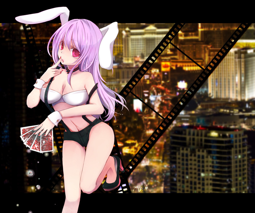 animal_ears bad_id bad_pixiv_id breasts bunny_ears bunny_girl card city city_lights cityscape cleavage crop_top film_strip finger_to_mouth high_heels holding holding_card large_breasts las_vegas long_hair looking_at_viewer natsuki_(ukiwakudasai) off_shoulder photo_background pink_eyes purple_hair reisen_udongein_inaba solo standing standing_on_one_leg suspenders touhou wrist_cuffs