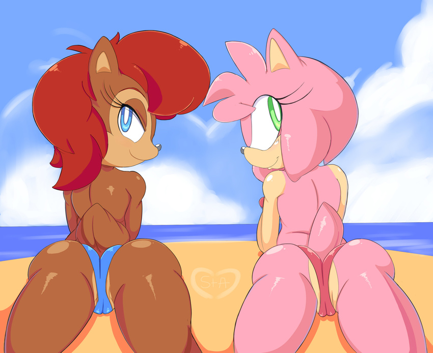 amy_rose anthro beach bedroom_eyes bikini blue_eyes brown_fur butt chipmunk clothed clothing cloud cloudz duo female fur gloves green_eyes hair half-dressed happy headband looking_at_viewer mammal outside presenting pussy raised_tail rodent sally_acorn sand sea seaside sega skimpy sky smile sonic_(series) spreading swimsuit video_games water
