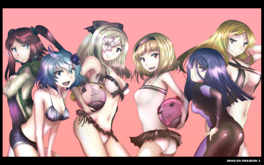 6+girls annoyed aqua_eyes ass ball bare_shoulders bikini bikini_top blonde_hair blue_eyes blue_hair blue_rose bodysuit bow bra breast_envy breasts brown_eyes brown_hair covering covering_breasts denim denim_shorts drag-on_dragoon drag-on_dragoon_3 earrings eyepatch female five_(drag-on_dragoon) flower four_(drag-on_dragoon) grimjin hair_bow hair_flower hair_ornament hairband jewelry light_brown_hair long_hair looking_at_viewer looking_back multiple_girls one_(drag-on_dragoon) open_mouth panties purple_eyes purple_hair red_eyes rose seductive_smile short_hair short_shorts shorts smile swimsuit tattoo three_(drag-on_dragoon) twintails two_(drag-on_dragoon) underwear wavy_mouth yellow_eyes zero_(drag-on_dragoon)