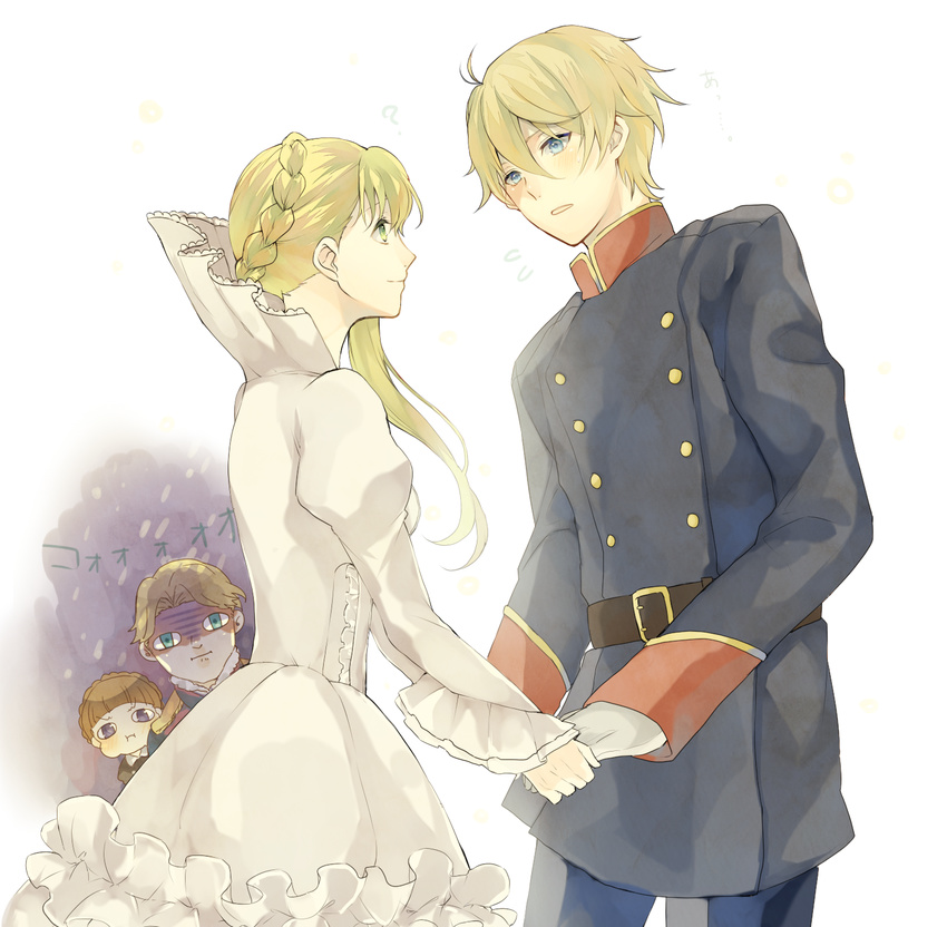 2girls :i aldnoah.zero asseylum_vers_allusia blonde_hair blue_eyes braid cruhteo dress eddelrittuo flying_sweatdrops gown green_eyes highres holding_hands jealous military military_uniform multiple_boys multiple_girls princess puffy_cheeks shaded_face short_hair silver_hair slaine_troyard toa_(minnnasuki) uniform white_dress