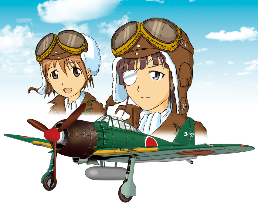 a6m_zero aircraft airplane bad_id bad_pixiv_id cloud eyepatch goggles helmet highres imperial_japanese_navy military miyafuji_yoshika multiple_girls sakamoto_mio scarf sky smile squadron strike_witches world_war_ii world_witches_series