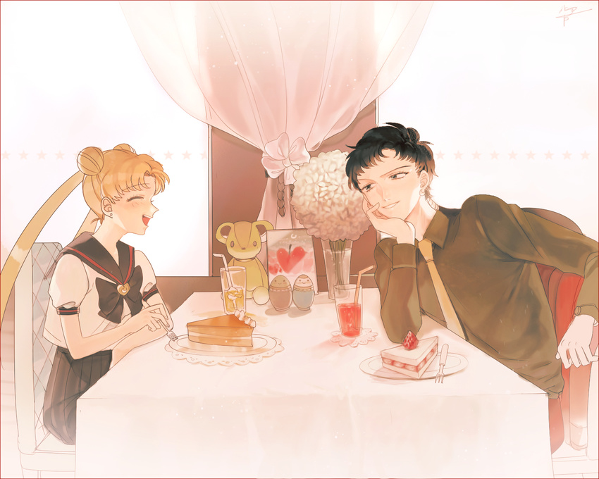 androgynous bishoujo_senshi_sailor_moon black_hair black_shirt blonde_hair blue_sailor_collar bouquet bow brooch cafe cake chin_rest closed_eyes curtains doily earrings flower food fork from_side highres ice ice_cube jewelry juuban_high_school_uniform laughing long_hair necktie parted_lips plate puffy_short_sleeves puffy_sleeves sailor_collar school_uniform seiya_kou serafuku shamko shirt short_sleeves sitting slice_of_cake smile strawberry_shortcake stud_earrings stuffed_animal stuffed_toy table teddy_bear tsukino_usagi twintails vase window